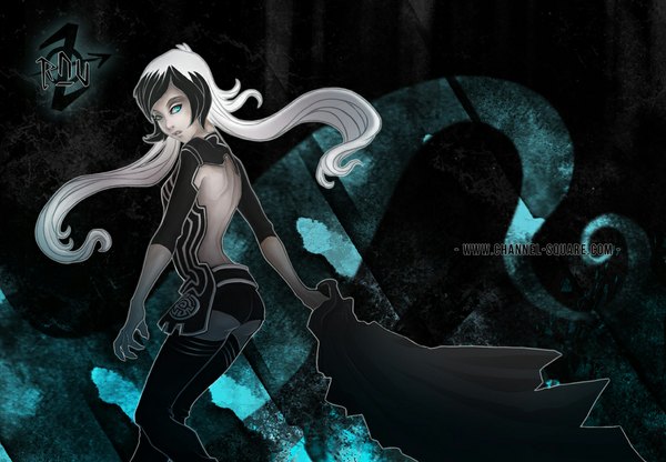 Anime picture 1157x803 with channelsquare single long hair looking at viewer black hair white hair multicolored hair aqua eyes from behind inscription two-tone hair back dark background girl cape cloak