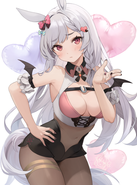 Anime picture 1558x2100 with original kurige horse single long hair tall image looking at viewer blush fringe breasts light erotic simple background red eyes large breasts standing bare shoulders animal ears cleavage tail braid (braids) nail polish