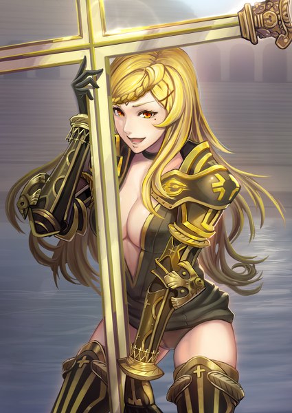 Anime picture 850x1200 with drakengard drag-on dragoon 3 five (drag-on dragoon) gogo (detteiu de) single long hair tall image looking at viewer breasts open mouth light erotic blonde hair holding payot cleavage braid (braids) mole orange eyes mole under eye girl