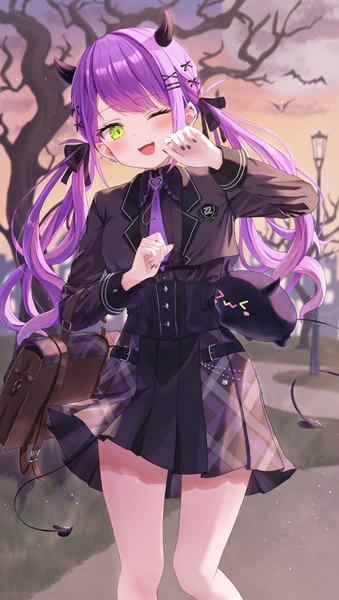 Anime-Bild 2278x4027 mit virtual youtuber hololive tokoyami towa bibi (tokoyami towa) tokoyami towa (school uniform) mei am0 single long hair tall image highres open mouth twintails green eyes purple hair outdoors tail nail polish one eye closed horn (horns) pointy ears