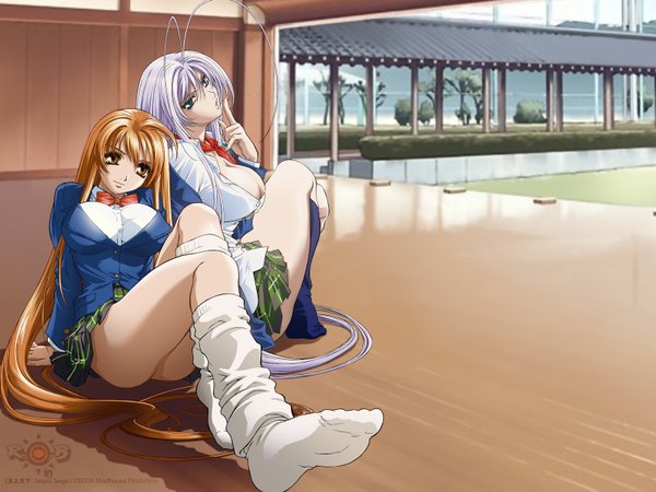 Anime picture 1600x1200 with tenjou tenge natsume maya natsume aya tasaki satoshi looking at viewer breasts blue eyes light erotic brown hair large breasts sitting multiple girls brown eyes cleavage silver hair ahoge indoors very long hair arm support no shoes