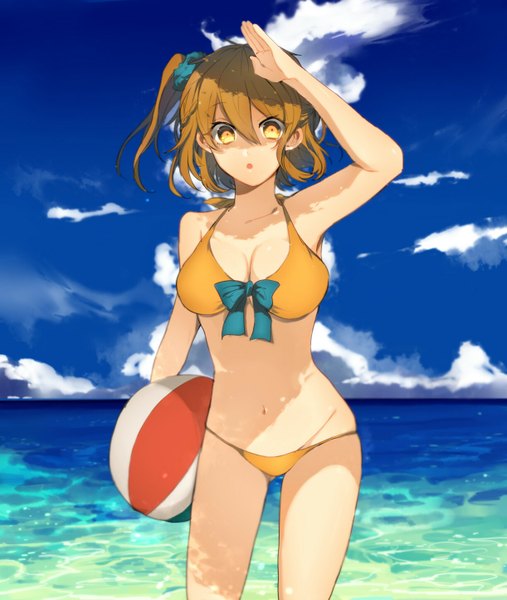 Anime picture 1222x1444 with kagerou project shaft (studio) kisaragi momo kohaku6 single tall image looking at viewer fringe short hair breasts open mouth light erotic hair between eyes standing sky cloud (clouds) orange hair shadow orange eyes beach