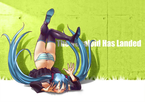 Anime picture 1280x905 with vocaloid hatsune miku wokada single long hair light erotic twintails bare shoulders blue hair ass text skirt lift striped english top-down bottom-up girl thighhighs uniform underwear panties