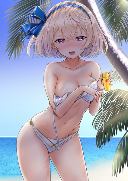 Anime picture 1024x1448 with shironeko project eleanor (shironeko project) sigma rio single tall image looking at viewer blush fringe short hair breasts open mouth light erotic blonde hair smile hair between eyes large breasts standing purple eyes bare shoulders holding