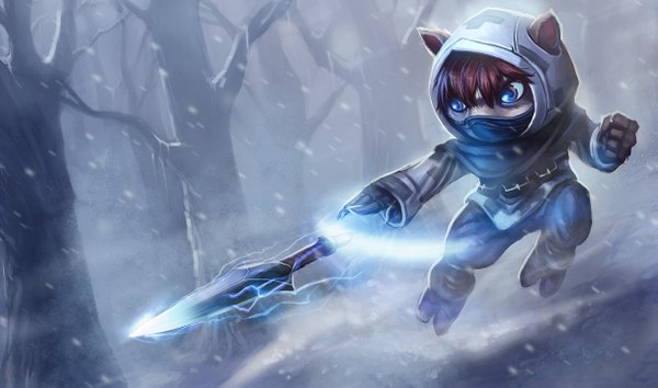 Anime picture 1215x717 with league of legends kennen (league of legends) blue eyes brown hair wide image animal ears wind snowing winter snow lightning weapon plant (plants) tree (trees) forest dagger