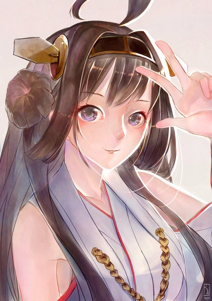 Anime picture 1414x2000 with kantai collection kongou battleship junp single long hair tall image looking at viewer fringe simple background brown hair purple eyes ahoge traditional clothes hair bun (hair buns) victory nontraditional miko girl hair ornament