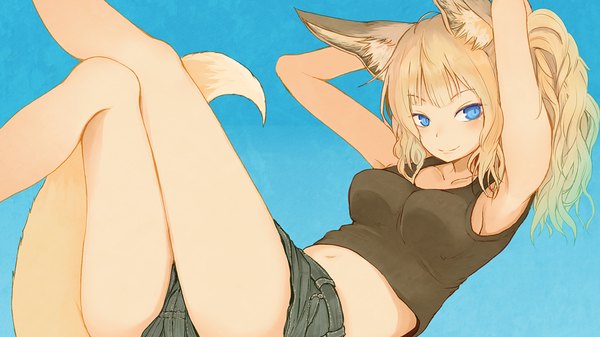 Anime picture 1024x576 with original batta (kanzume quality) single long hair looking at viewer blush fringe breasts light erotic blonde hair simple background smile wide image large breasts animal ears ahoge bent knee (knees) tail blunt bangs animal tail