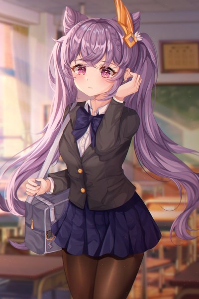 Anime picture 1365x2048 with genshin impact keqing (genshin impact) yulha 06 single long hair tall image looking at viewer blush fringe breasts hair between eyes standing twintails holding payot purple hair indoors braid (braids) long sleeves pleated skirt