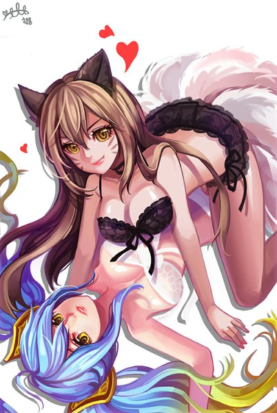 Anime picture 800x1192 with league of legends ahri (league of legends) sona buvelle sinbe (artist) long hair tall image light erotic simple background brown hair white background multiple girls brown eyes animal ears yellow eyes tail multicolored hair two-tone hair facial mark multiple tails whisker markings