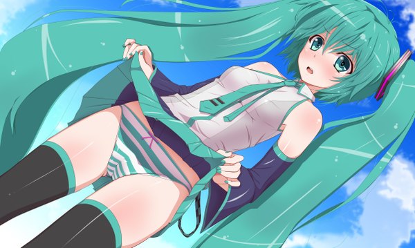 Anime picture 4822x2893 with vocaloid hatsune miku j (shining-next) single blush highres open mouth light erotic wide image twintails bare shoulders absurdres very long hair aqua eyes aqua hair skirt lift girl thighhighs hair ornament underwear