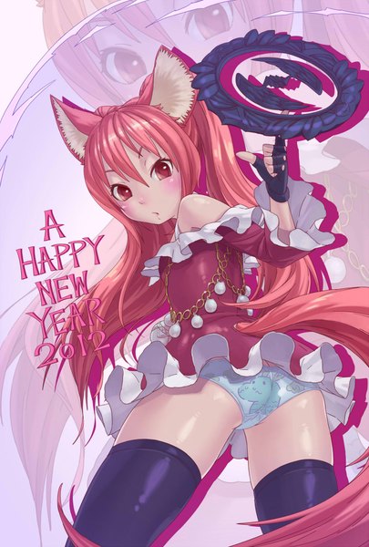 Anime picture 1500x2220 with tera online zunbi (artist) single long hair tall image looking at viewer blush light erotic red eyes animal ears red hair animal tail looking back pantyshot zoom layer girl thighhighs underwear panties black thighhighs