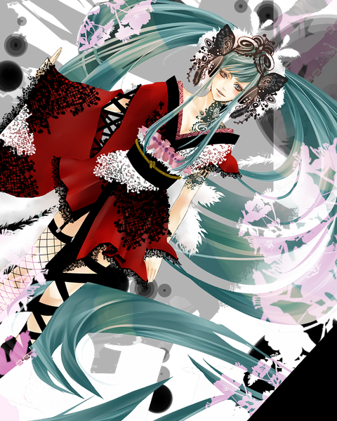 Anime picture 1024x1280 with vocaloid hatsune miku momota (artist) single tall image blush open mouth twintails very long hair aqua eyes aqua hair tattoo girl thighhighs flower (flowers) headphones feather (feathers) short kimono