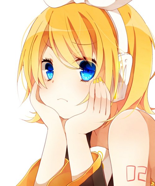 Anime picture 667x800 with vocaloid kagamine rin asagao minoru single tall image blush short hair blue eyes simple background blonde hair white background bare shoulders nail polish hands on face yellow nail polish girl bow hair bow detached sleeves headphones