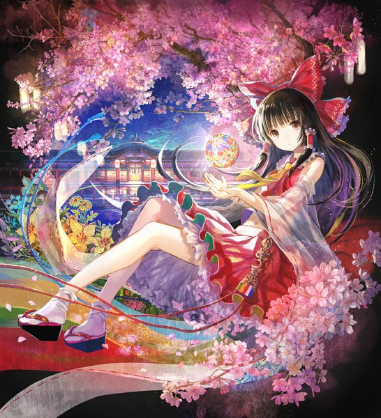 Anime picture 1032x1135 with touhou hakurei reimu fuzichoco single long hair tall image looking at viewer red eyes brown hair full body traditional clothes sparkle cherry blossoms miko colorful girl skirt navel flower (flowers) bow