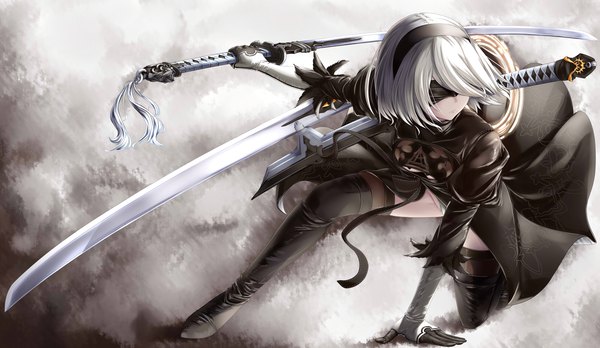 Anime picture 4559x2645 with nier nier:automata yorha no. 2 type b ayakase hotaru single highres short hair light erotic simple background wide image holding absurdres bent knee (knees) white hair grey background mole arm support puffy sleeves outstretched arm mole under mouth