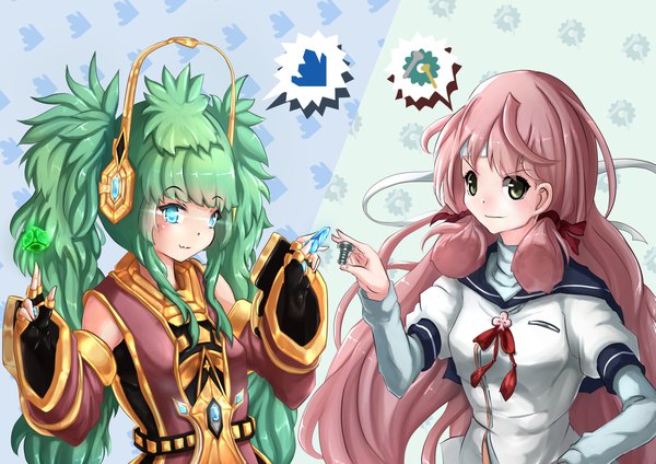 Anime-Bild 1170x827 mit kantai collection starcraft blizzard entertainment akashi repair ship karax wakaura asaho long hair looking at viewer blue eyes smile twintails multiple girls brown eyes payot pink hair long sleeves green hair glowing glowing eye (eyes) crossover