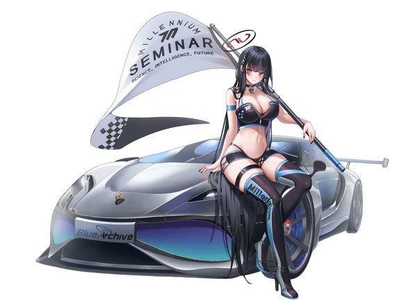 Anime picture 2000x1468 with blue archive rio (blue archive) ssong2 single looking at viewer blush fringe highres breasts light erotic black hair simple background red eyes large breasts white background sitting full body bent knee (knees) blunt bangs very long hair