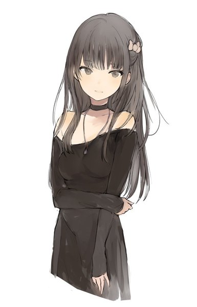 Anime picture 622x970 with original lpip single long hair tall image looking at viewer blush fringe black hair simple background white background bare shoulders blunt bangs parted lips black eyes off shoulder hair over shoulder holding arm girl dress