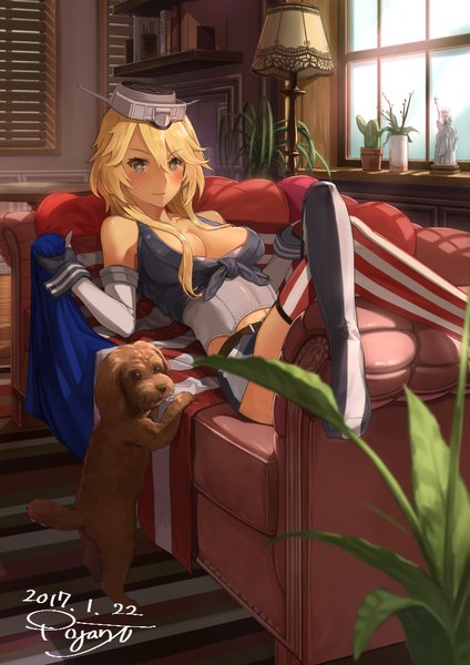 Anime picture 744x1052 with kantai collection iowa (kantai collection) pajant single long hair tall image looking at viewer blush fringe breasts blue eyes light erotic blonde hair hair between eyes large breasts bare shoulders holding signed indoors light smile