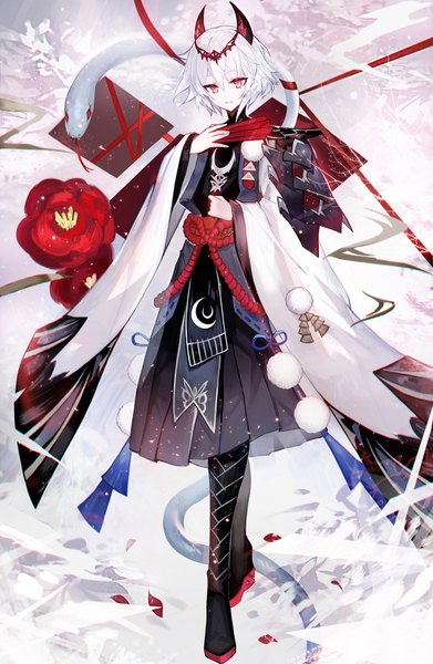 Anime picture 1200x1840 with original juexing (moemoe3345) single tall image looking at viewer blush fringe short hair hair between eyes red eyes standing holding full body white hair long sleeves traditional clothes head tilt japanese clothes pleated skirt arm up