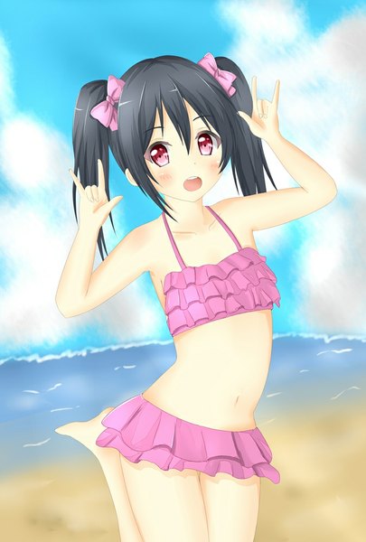 Anime picture 675x1000 with love live! school idol project sunrise (studio) love live! yazawa nico tear yu single long hair tall image looking at viewer blush fringe open mouth black hair smile twintails sky cloud (clouds) pink eyes mmm girl