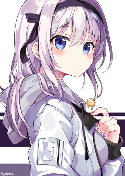 Anime picture 712x1000 with original myuton single long hair tall image blush fringe blue eyes hair between eyes silver hair upper body nail polish multicolored nail polish girl food hairband sweets hood candy lollipop