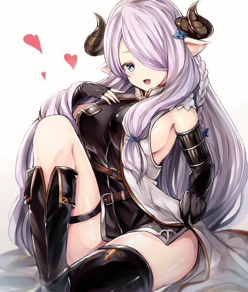 Anime picture 936x1100 with granblue fantasy narmaya (granblue fantasy) watao single long hair tall image looking at viewer fringe breasts open mouth light erotic simple background smile large breasts white background sitting purple hair horn (horns) aqua eyes pointy ears