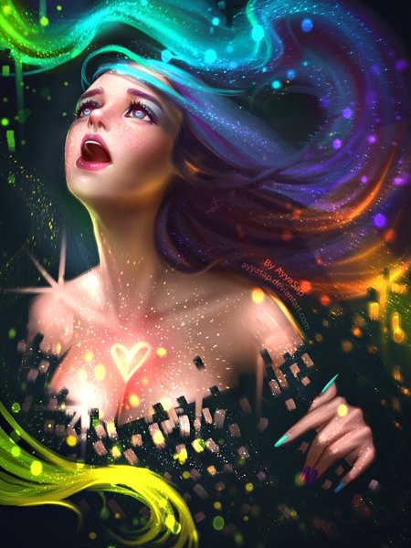 Anime picture 1536x2048 with ayyasap single long hair tall image breasts open mouth blue eyes light erotic bare shoulders blue hair purple hair nail polish multicolored hair aqua eyes fingernails green hair lips realistic lipstick gradient hair