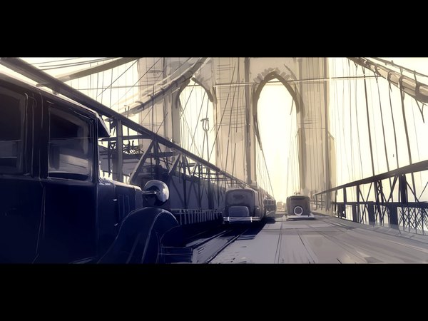 Anime picture 1024x768 with original seo tatsuya letterboxed no people street ground vehicle wire (wires) car bridge road new york