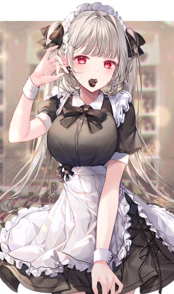 Anime-Bild 1501x2528 mit original taya oco single long hair tall image looking at viewer blush fringe breasts red eyes standing twintails holding signed blunt bangs arm up grey hair short sleeves maid puffy sleeves