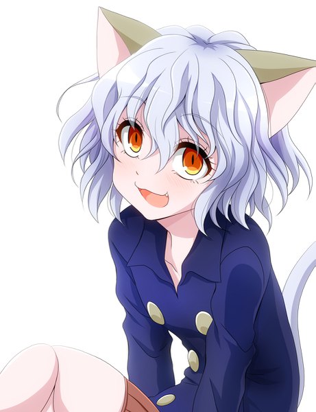 Anime picture 923x1200 with hunter x hunter neferupito watarui single tall image fringe short hair open mouth simple background smile hair between eyes white background animal ears silver hair tail animal tail from above cat ears cat girl cat tail