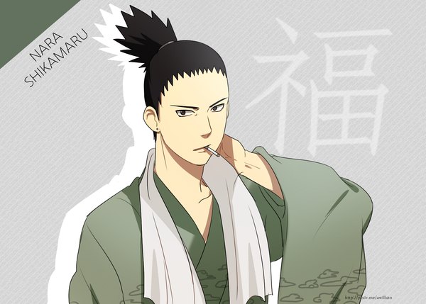 Anime picture 1538x1100 with naruto studio pierrot naruto (series) nara shikamaru ahri (will) single looking at viewer short hair black hair simple background holding signed upper body ponytail traditional clothes japanese clothes black eyes grey background wide sleeves character names