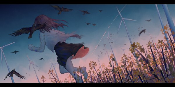 Anime picture 2160x1080 with original ji dao ji single long hair highres brown hair wide image sky barefoot from behind letterboxed running field girl dress flower (flowers) animal bird (birds) crow wind turbine
