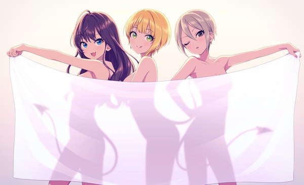 Anime picture 2000x1220 with idolmaster idolmaster cinderella girls ichinose shiki miyamoto frederica shiomi shuuko agata (agatha) long hair looking at viewer fringe highres short hair breasts blue eyes light erotic blonde hair simple background smile hair between eyes wide image standing