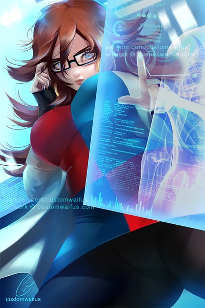 Anime picture 600x900 with dragon ball dragon ball fighterz android 21 custom waifus single long hair tall image looking at viewer fringe blue eyes light erotic hair between eyes brown hair signed nail polish from below girl dress pantyhose glasses