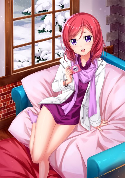 Anime picture 1080x1530 with love live! school idol project sunrise (studio) love live! nishikino maki tucana single long hair tall image looking at viewer blush open mouth sitting purple eyes holding red hair indoors bare legs winter girl dress