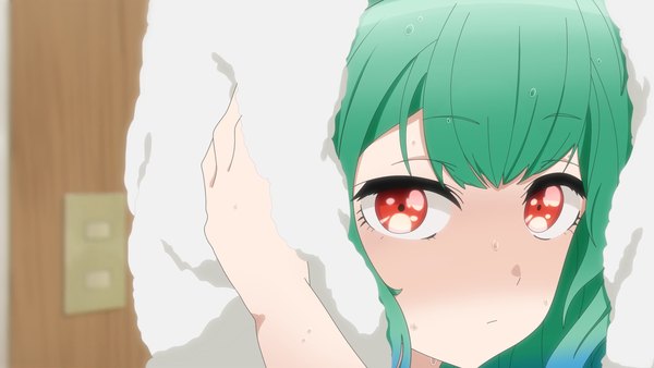 Anime picture 1920x1080 with sono bisque doll wa koi wo suru virtual youtuber hololive cloverworks uruha rushia ikalsaurus single long hair looking at viewer fringe highres red eyes wide image green hair close-up parody screencap redraw girl water drop towel