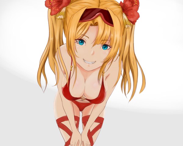 Anime picture 1280x1024 with granblue fantasy zeta (granblue fantasy) tanshi (tansy520) single long hair fringe breasts light erotic blonde hair smile large breasts twintails bare shoulders head tilt hair flower aqua eyes teeth leaning leaning forward ass visible through thighs