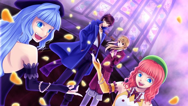 Anime picture 1920x1080 with umineko no naku koro ni furfur zepar willard h wright ushiromiya leon long hair highres short hair open mouth blue eyes black hair blonde hair wide image multiple girls blue hair pink hair black eyes hands in pockets girl dress