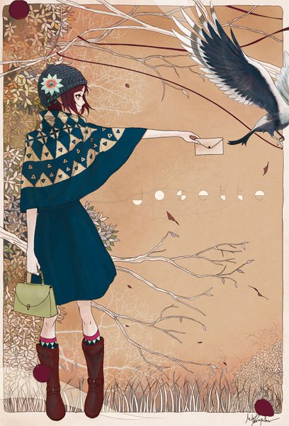 Anime picture 1000x1470 with original palow nakamura single tall image short hair brown hair looking away full body profile inscription girl dress plant (plants) animal tree (trees) boots bird (birds) leaf (leaves) bag cap