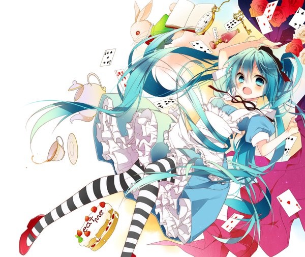 Anime picture 1478x1245 with alice in wonderland vocaloid hatsune miku alice (wonderland) naoto (tulip) blush open mouth twintails very long hair aqua eyes aqua hair girl dress flower (flowers) food sweets book (books) clock cup bunny