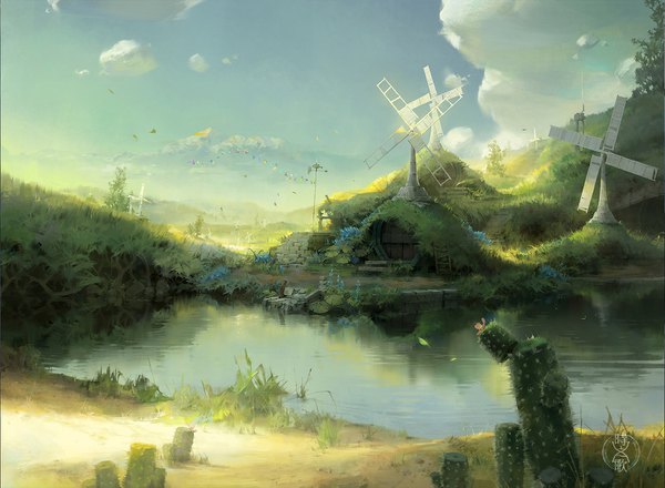 Anime picture 1564x1149 with tokiyuki uta project - ii a-shacho sky cloud (clouds) outdoors wind no people river flower (flowers) windmill cactus