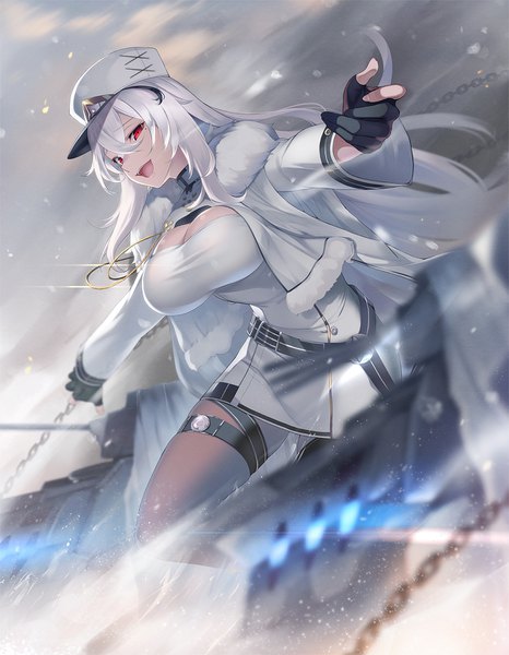 Anime picture 1200x1544 with azur lane gangut (azur lane) koikeya single long hair tall image looking at viewer fringe breasts open mouth smile hair between eyes red eyes large breasts payot cleavage bent knee (knees) white hair long sleeves :d