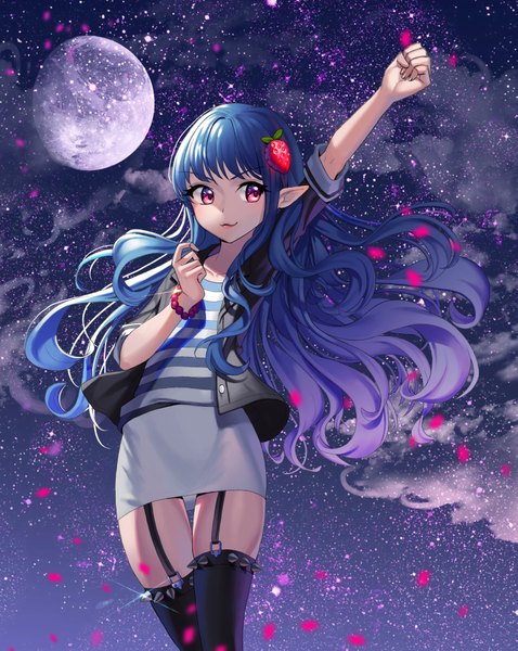 Anime picture 3094x3886 with original hyoin single long hair tall image blush fringe highres smile standing blue hair looking away absurdres purple hair cloud (clouds) pink eyes multicolored hair wind lips pointy ears