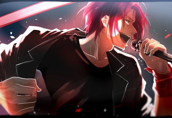 Anime picture 1463x1011 with free! kyoto animation matsuoka rin an d o single short hair open mouth red eyes looking away red hair fingernails teeth sweat light dark background sharp teeth singing boy t-shirt microphone
