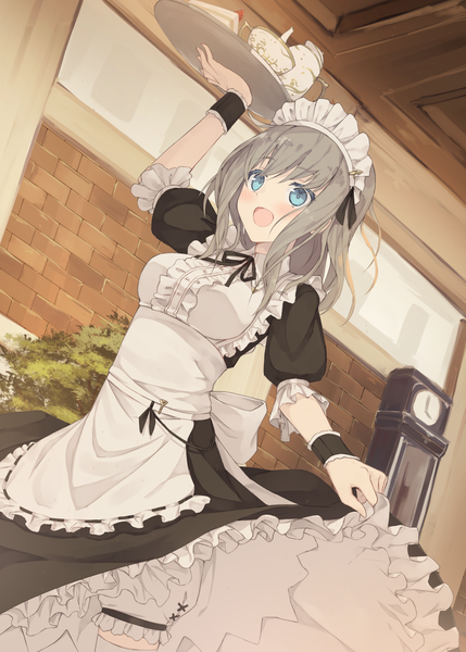 Anime picture 1036x1450 with original nagishiro mito single long hair tall image blush fringe open mouth blue eyes smile hair between eyes holding looking away indoors arm up grey hair maid dutch angle puffy sleeves dress lift
