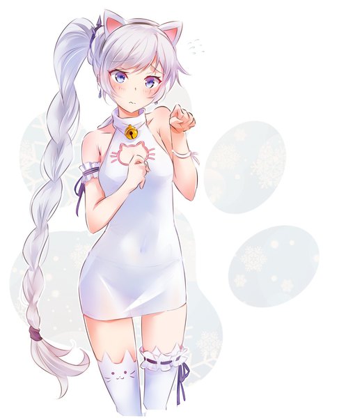 Anime picture 1168x1440 with rwby rooster teeth weiss schnee iesupa single long hair tall image looking at viewer blue eyes light erotic white background bare shoulders animal ears braid (braids) cat ears sleeveless covered navel single braid fake animal ears scar