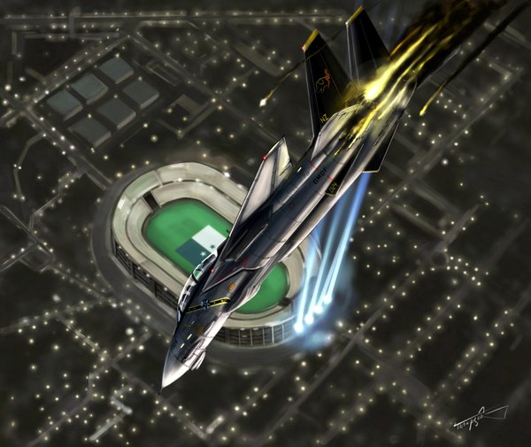 Аниме картинка 2000x1684 с thompson высокое разрешение подписанный город дым полёт падение оружие самолёт истребитель стадион f-14