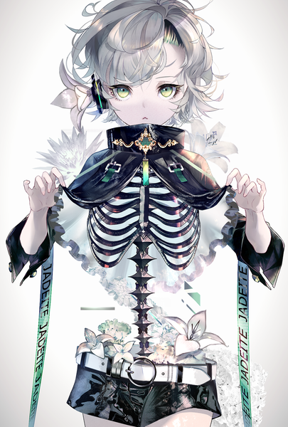 Anime picture 1182x1748 with original rooseputo 02 single tall image looking at viewer short hair simple background holding green eyes grey hair skeleton girl flower (flowers) shorts belt short shorts mantle