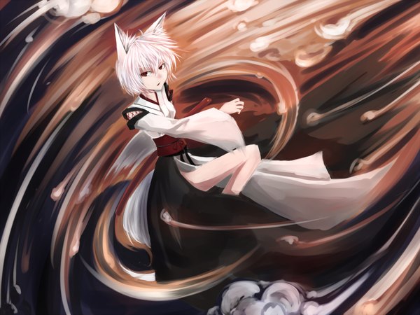 Anime picture 1920x1440 with touhou inubashiri momiji shikkoku (border of season) single highres short hair red eyes animal ears white hair kourindou tengu costume girl